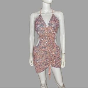 Shop 17 Strappy‎ Pink Cut Out Sequins Ruched Mini Dress